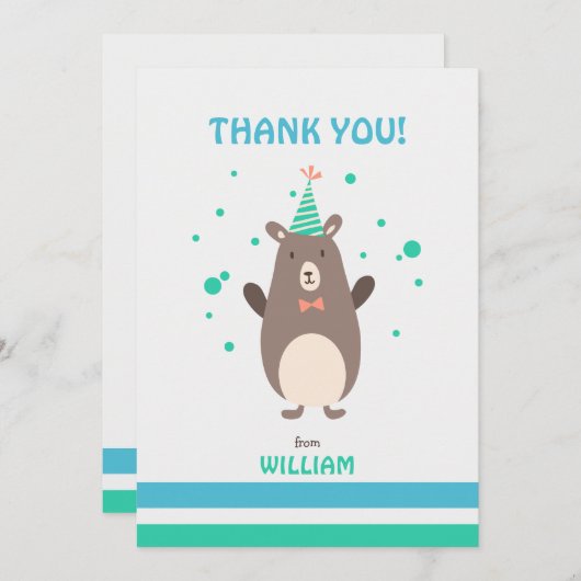 かわいいクマとバルーン誕生日ありがとう サンキューカード (正面/裏面)