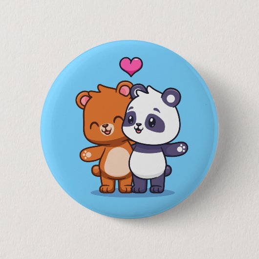 かわいいクマとパンダの友達とハート 缶バッジ (正面)