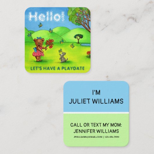 かわいいクマと子猫ママ遊び日コールカード スクエア名刺 (正面/裏面)