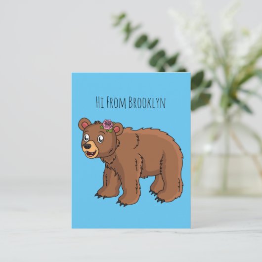 かわいいクマと花の漫画イラストレーション ポストカード (スタンド正面)