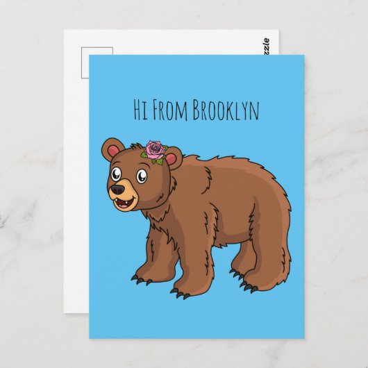 かわいいクマと花の漫画イラストレーション ポストカード (正面/裏面)