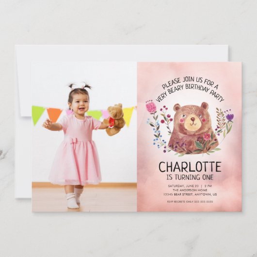 かわいいクマと花ガールズ写真誕生日パーティー 招待状 (正面)