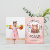 かわいいクマと花ガールズ写真誕生日パーティー 招待状 (スタンド正面)