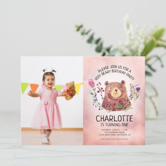 かわいいクマと花ガールズ写真誕生日パーティー 招待状 (スタンド正面)