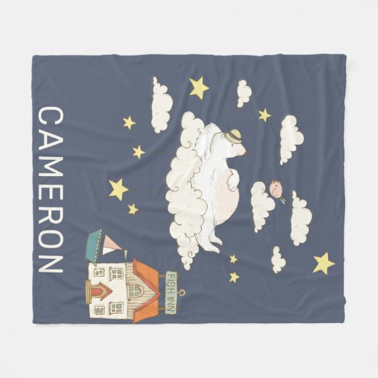 かわいいクマと鳥のイラストレーションシーンパーソナライズされた フリースブランケット (正面(横))