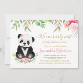 かわいいクマのほっぺたピンクの花のベイビーシャワーの写真 招待状 (正面)