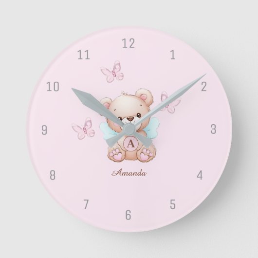 かわいいクマのイニシャル名 ピンク ラウンド壁時計 (正面)