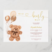 かわいいクマのイラストレーションbearly wait赤ちゃんシャワー 箔招待状 (正面)