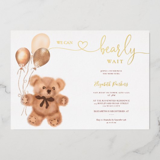 かわいいクマのイラストレーションbearly wait赤ちゃんシャワー 箔招待状 (正面)