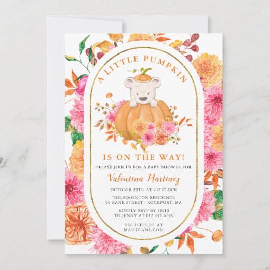 かわいいクマのカボチャの女の子秋赤ちゃんシャワー 招待状 (正面)