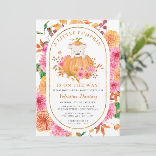 かわいいクマのカボチャの女の子秋赤ちゃんシャワー 招待状 (スタンド正面)