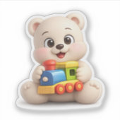 かわいいクマのキャラクターがおもちゃの列車と遊んでいる。 シール (正面)