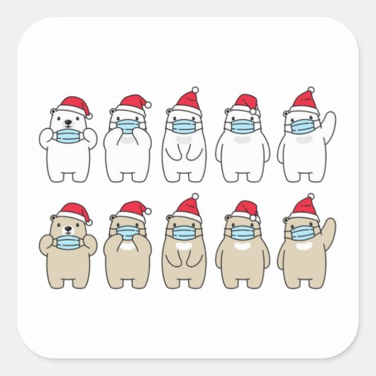 かわいいクマのクリスマスハットマスク スクエアシール (正面)