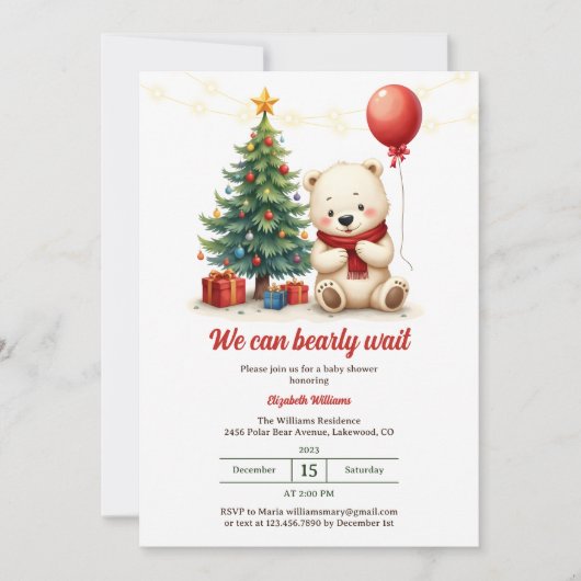 かわいいクマのクリスマスベビーシャワーを待つことができる 招待状 (正面)