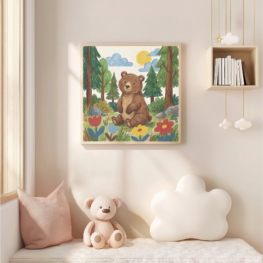 かわいいクマのクレヨン画の子供 ポスター