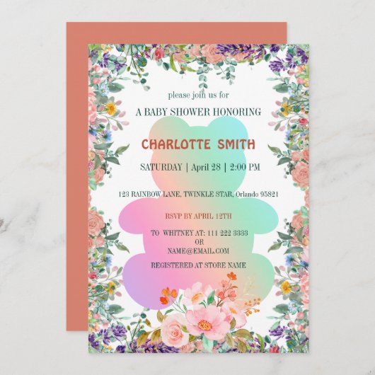 かわいいクマのグラデーションフローラ花の赤ちゃんシャワー 招待状 (正面/裏面)