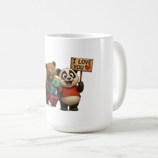 かわいいクマのトリオ・マグ – 「愛してる」看板つきパンダ コーヒーマグカップ (正面右)