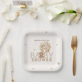 かわいいクマのハートベージュライトブラウンベビーシャワー ペーパープレート