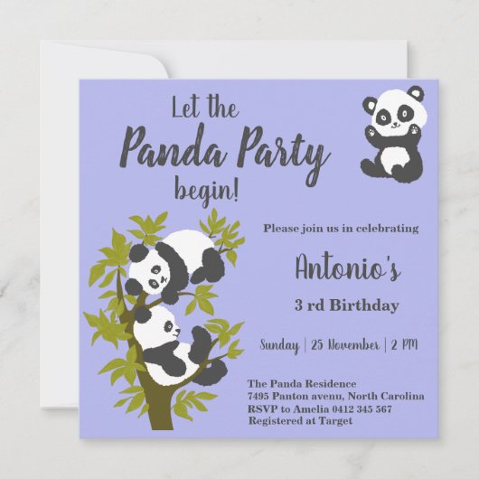 かわいいクマのパンダパーティーボーイの誕生日 招待状 (正面)