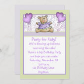 かわいいクマのパープル誕生日招待状 招待状 (正面/裏面)