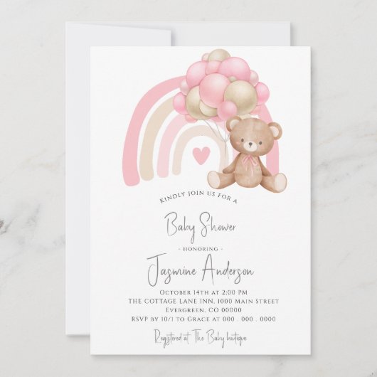 かわいいクマのピンクの赤ちゃんシャワー招待状 招待状 (正面)