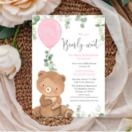 かわいいクマのピンク色のバルーン緑の女の子の赤ちゃんシャワー 招待状