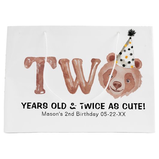 かわいいクマの二歳の誕生日抱き枕 ラージペーパーバッグ (正面)