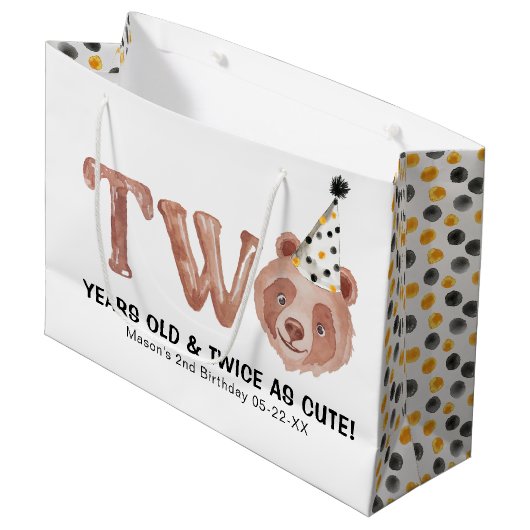かわいいクマの二歳の誕生日抱き枕 ラージペーパーバッグ (正面アングル)