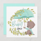 かわいいクマの傘の植物少年の赤ちゃんシャワー 招待状 (正面/裏面)
