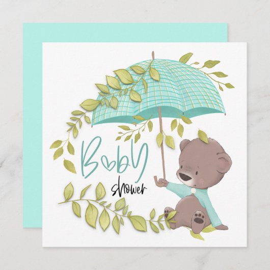 かわいいクマの傘の植物少年の赤ちゃんシャワー 招待状 (正面/裏面)