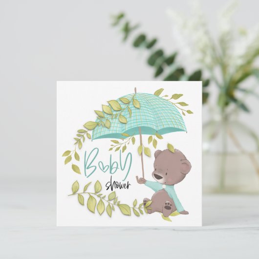 かわいいクマの傘の植物少年の赤ちゃんシャワー 招待状 (スタンド正面)