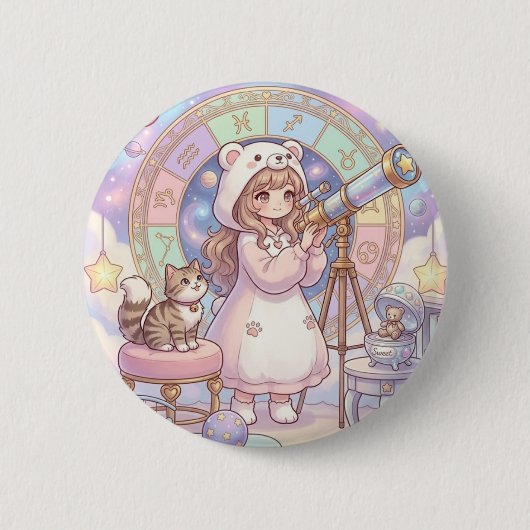 かわいいクマの女の子占星術望遠鏡パステル調 缶バッジ (正面)