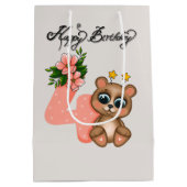 かわいいクマの女の子誕生日4日 ミディアムペーパーバッグ (裏面)