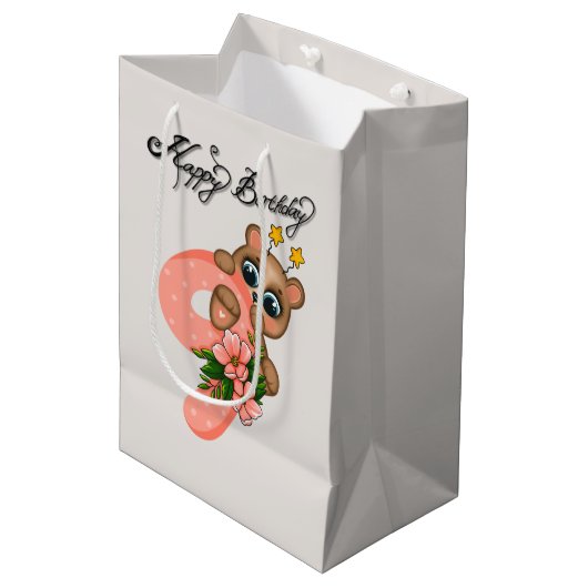 かわいいクマの女の子誕生日9th ミディアムペーパーバッグ (正面アングル)