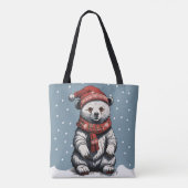 かわいいクマの子ビーニーとスカーフを雪に秋 トートバッグ (裏面)