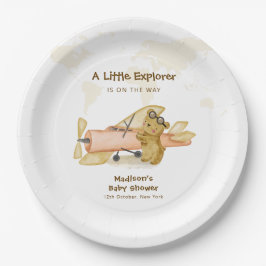 かわいいクマの探検家 世界地図 航空機 赤ちゃんシャワー ペーパープレート