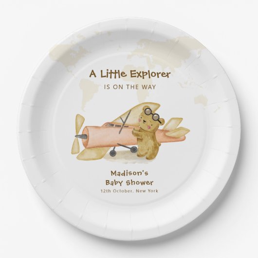 かわいいクマの探検家 世界地図 航空機 赤ちゃんシャワー ペーパープレート (正面)