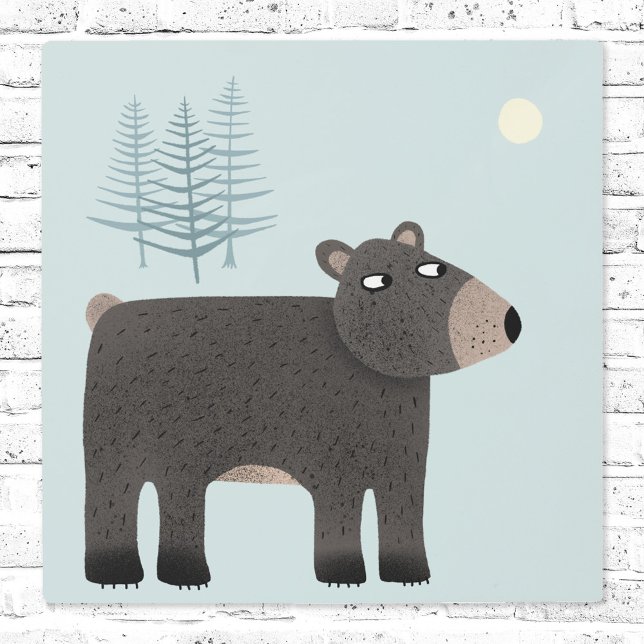 かわいいクマの森 メタルプリント (Bear, Trees and Moon metal art print)