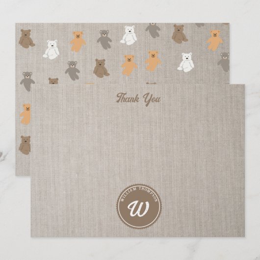 かわいいクマの模様イニシャルモノグラム サンキューカード (正面/裏面)