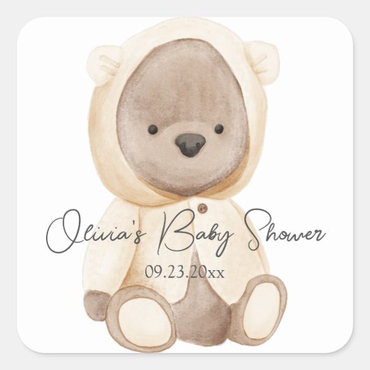 かわいいクマの水彩画 お名前と日付入りベビーシャワー スクエアシール (正面)