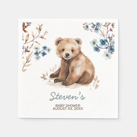 かわいいクマの水色の少年の赤ちゃんシャワーの招待 スタンダードカクテルナプキン (正面)