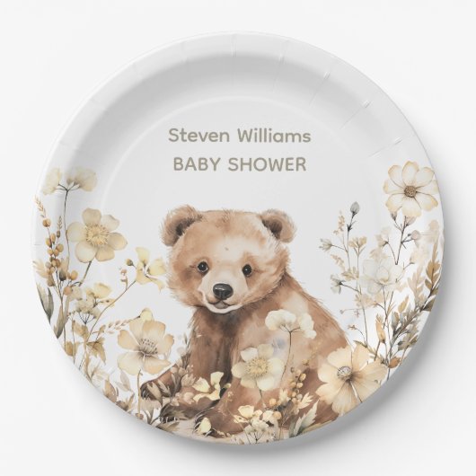 かわいいクマの水色の少年の赤ちゃんシャワーの招待 ペーパープレート (正面)