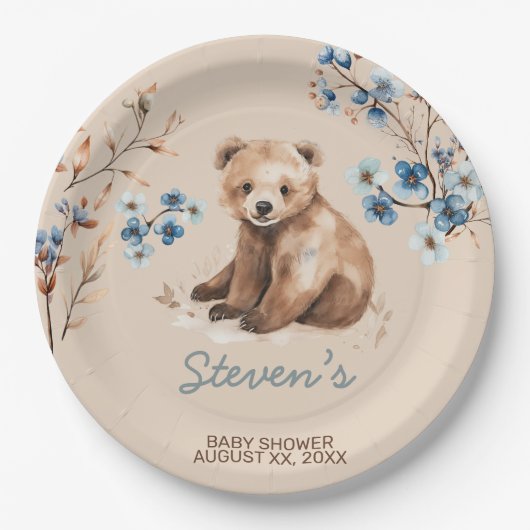 かわいいクマの水色の少年の赤ちゃんシャワーの招待 ペーパープレート (正面)