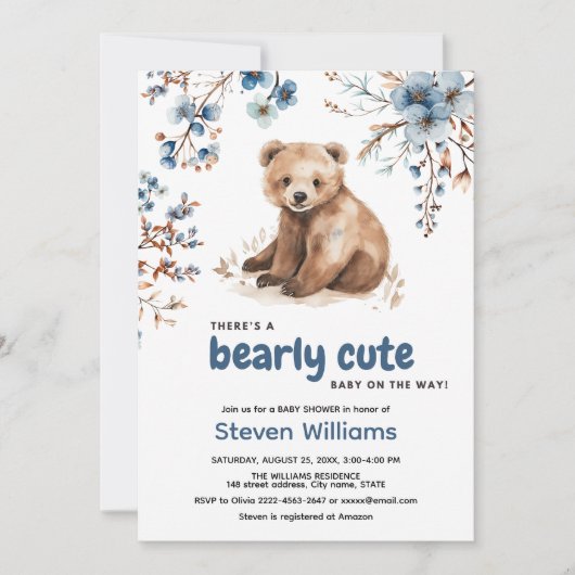 かわいいクマの水色の少年の赤ちゃんシャワーの招待 招待状 (正面)