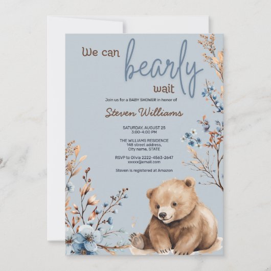 かわいいクマの水色の少年の赤ちゃんシャワーの招待 招待状 (正面)