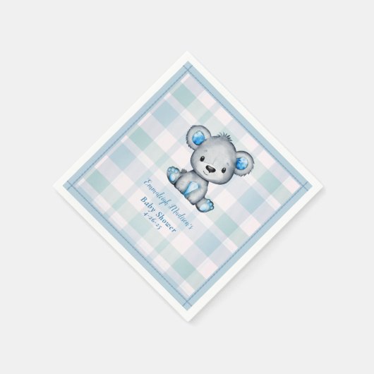 かわいいクマの男の子プレイドブルー スタンダードカクテルナプキン (角)