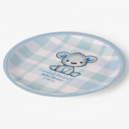 かわいいクマの男の子プレイドブルー ペーパープレート (アングル)