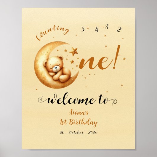 かわいいクマの眠る月の上に1歳の誕生日へようこそ ポスター (正面)
