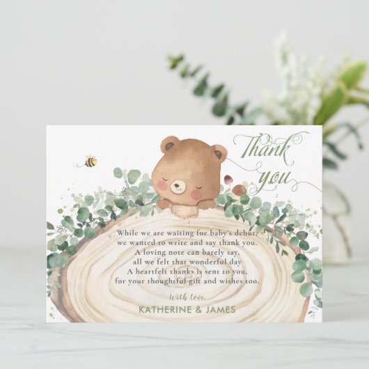 かわいいクマの緑男女兼用の赤ちゃんシャワー サンキューカード (スタンド正面)