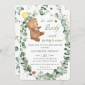 かわいいクマの緑男女兼用の赤ちゃんシャワー 招待状 (正面/裏面)
